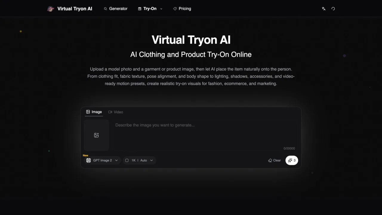 Virtual Tryon AI homepage showing its clothing and product try-on workspace