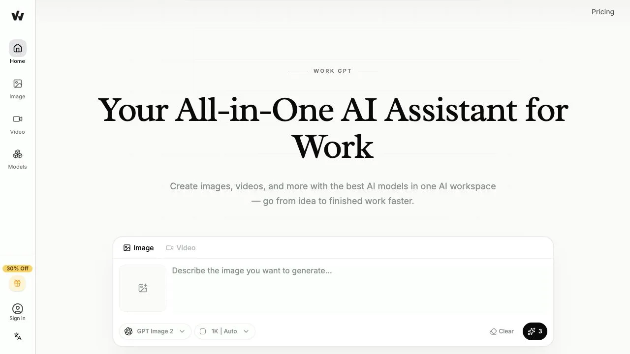 WorkGPT workspace with AI chat, image, video, writing, and voice tools
